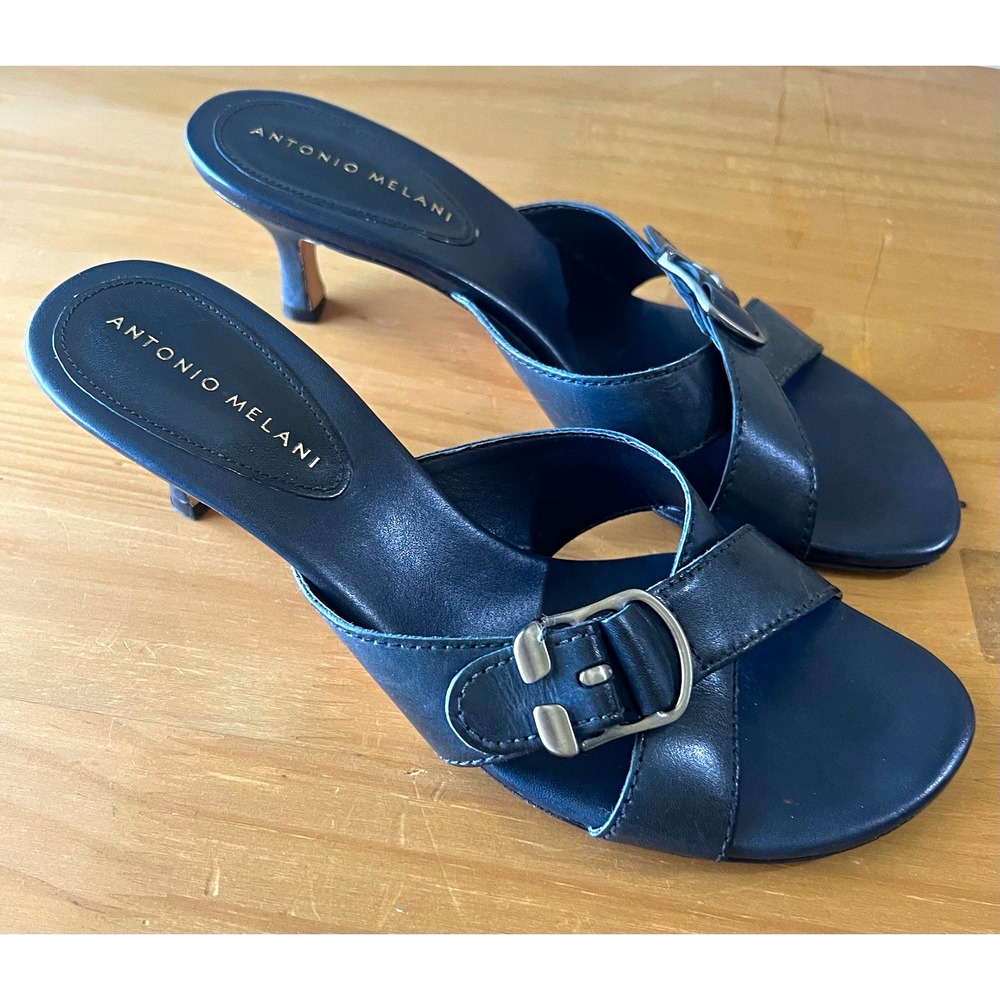 Antonio Melani Navy Blue Leather Double Buckle Mule Heels Size 8.5 quality made